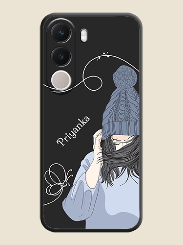 Girl With Blue Winter Outfiit Custom Text Design On Space Black Custom Soft Matte Mobile Back Cover - Realme C100x