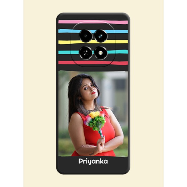 Multicolor Lines with Image On Space Black Custom Soft Matte Mobile Back Cover - Realme C63 5G Multicolor Lines with Image On Space Black Custom Soft Matte Mobile Back Cover - Realme C63 5G