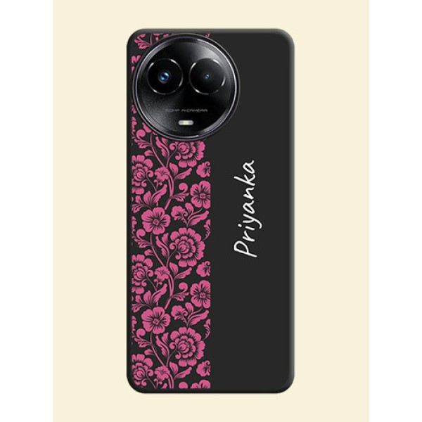 Pink Floral Pattern Design With Custom Text On Space Black Personalized Soft Matte Phone Covers - Realme C67 5G