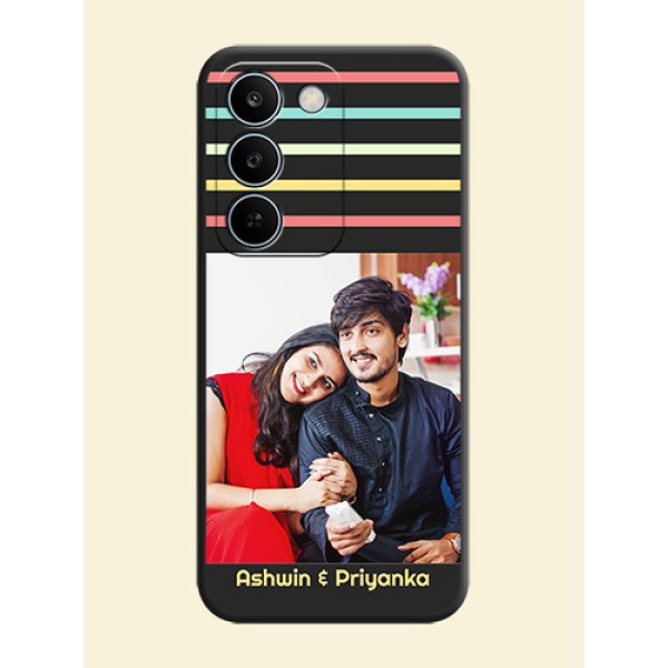 Color Stripes with Photo and Text on Photo On Space Black Custom Soft Matte Mobile Back Cover - Realme C83 5G Color Stripes with Photo and Text on Photo On Space Black Custom Soft Matte Mobile Back Cover - Realme C83 5G
