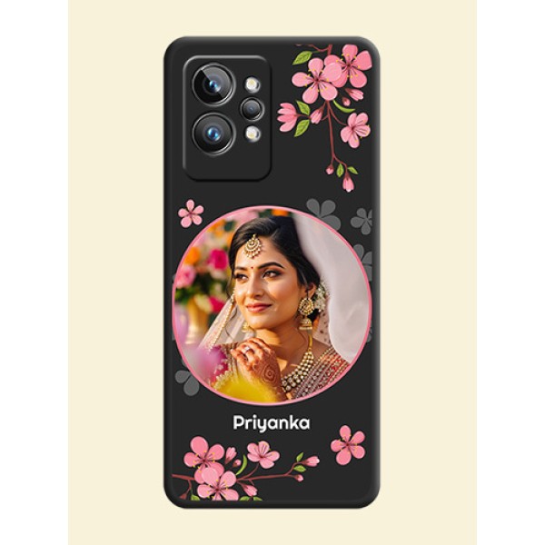 Round Image with Pink Color Floral Design on Photo on Space Black Soft Matte Back Cover - Realme GT 2 Pro 5G