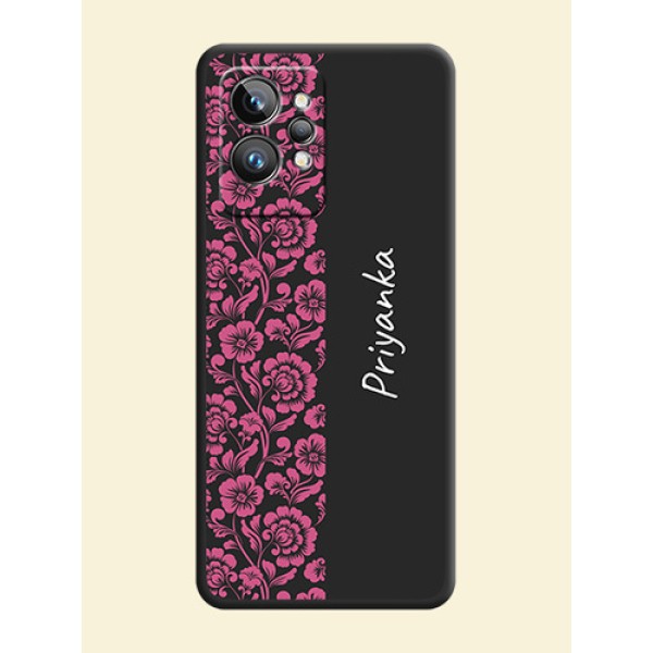 Pink Floral Pattern Design With Custom Text On Space Black Personalized Soft Matte Phone Covers -Realme Gt 2 Pro 5G Pink Floral Pattern Design With Custom Text On Space Black Personalized Soft Matte Phone Covers -Realme Gt 2 Pro 5G