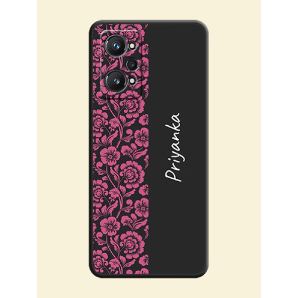 Pink Floral Pattern Design With Custom Text On Space Black Personalized Soft Matte Phone Covers -Realme Gt 2 Pink Floral Pattern Design With Custom Text On Space Black Personalized Soft Matte Phone Covers -Realme Gt 2