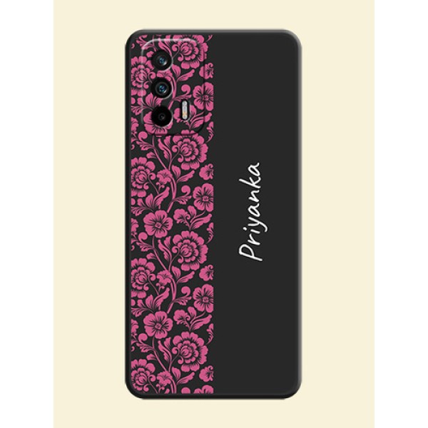 Pink Floral Pattern Design With Custom Text On Space Black Personalized Soft Matte Phone Covers -Realme Gt 5G Pink Floral Pattern Design With Custom Text On Space Black Personalized Soft Matte Phone Covers -Realme Gt 5G