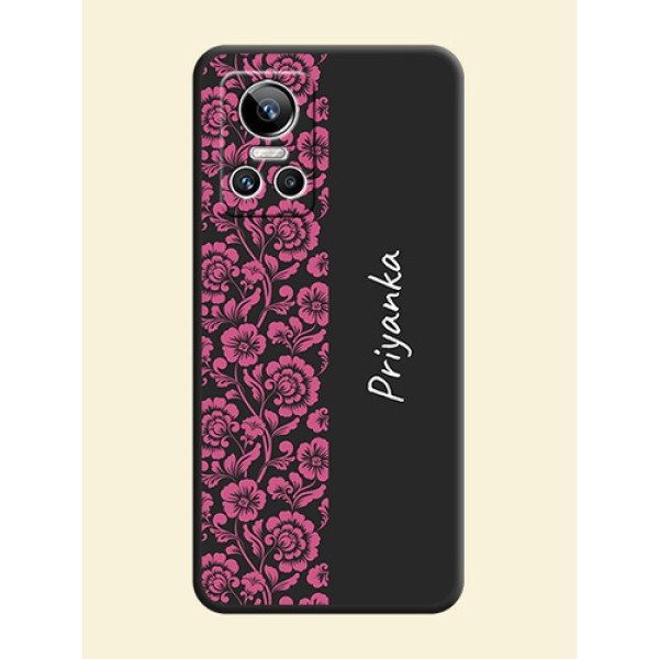 Pink Floral Pattern Design With Custom Text On Space Black Personalized Soft Matte Phone Covers -Realme Gt Neo 3 150W Pink Floral Pattern Design With Custom Text On Space Black Personalized Soft Matte Phone Covers -Realme Gt Neo 3 150W