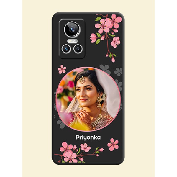 Round Image with Pink Color Floral Design on Photo on Space Black Soft Matte Back Cover - Realme GT Neo 3