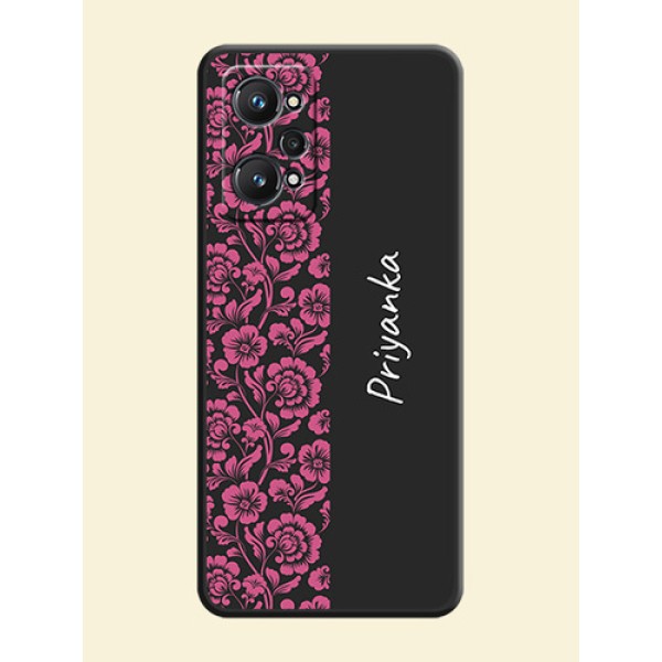 Pink Floral Pattern Design With Custom Text On Space Black Personalized Soft Matte Phone Covers -Realme Gt Neo 3T Pink Floral Pattern Design With Custom Text On Space Black Personalized Soft Matte Phone Covers -Realme Gt Neo 3T