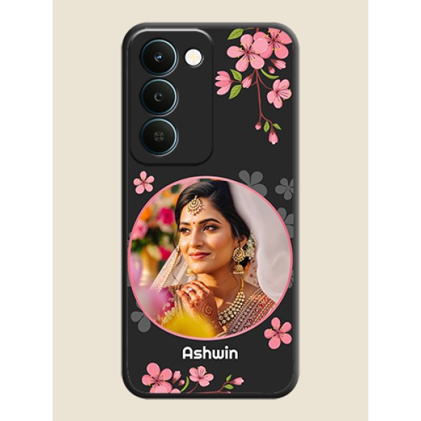 Round Image with Pink Color Floral Design on Photo On Space Black Custom Soft Matte Mobile Back Cover - Realme Narzo 100 Lite 5G Round Image with Pink Color Floral Design on Photo On Space Black Custom Soft Matte Mobile Back Cover - Realme Narzo 100 Lite 5G