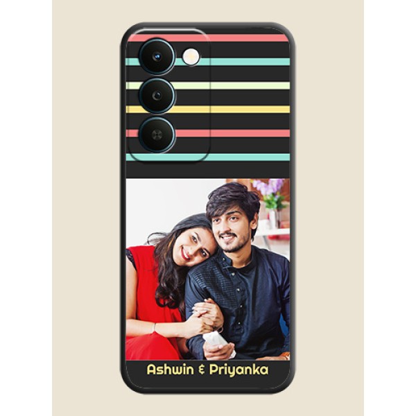 Color Stripes with Photo and Text on Photo On Space Black Custom Soft Matte Mobile Back Cover - Realme Narzo 100 Lite 5G Color Stripes with Photo and Text on Photo On Space Black Custom Soft Matte Mobile Back Cover - Realme Narzo 100 Lite 5G