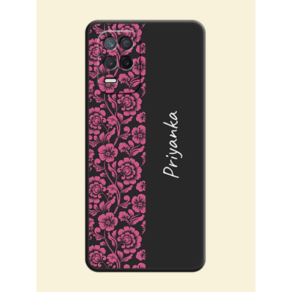 Pink Floral Pattern Design With Custom Text On Space Black Personalized Soft Matte Phone Covers -Realme Narzo 30 5G Pink Floral Pattern Design With Custom Text On Space Black Personalized Soft Matte Phone Covers -Realme Narzo 30 5G