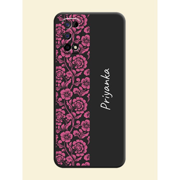 Pink Floral Pattern Design With Custom Text On Space Black Personalized Soft Matte Phone Covers -Realme Narzo 30 Pro 5G Pink Floral Pattern Design With Custom Text On Space Black Personalized Soft Matte Phone Covers -Realme Narzo 30 Pro 5G