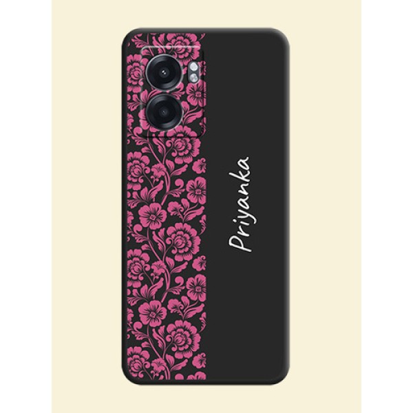 Pink Floral Pattern Design With Custom Text On Space Black Personalized Soft Matte Phone Covers -Realme Narzo 50 5G Pink Floral Pattern Design With Custom Text On Space Black Personalized Soft Matte Phone Covers -Realme Narzo 50 5G