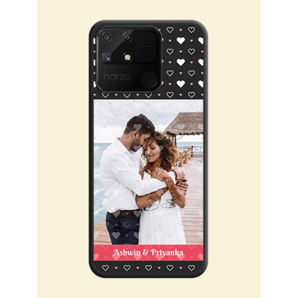 White Color Love Symbols with Text Design on Photo on Space Black Soft Matte Phone Cover - Realme Narzo 50A White Color Love Symbols with Text Design on Photo on Space Black Soft Matte Phone Cover - Realme Narzo 50A