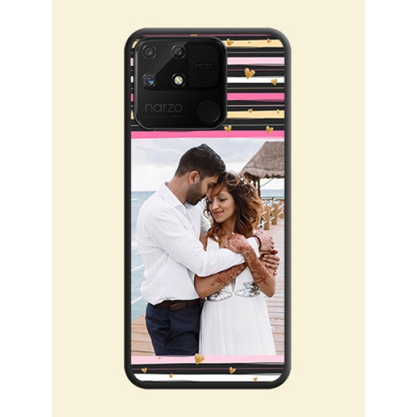 Multicolor Lines and Golden Love Symbols Design on Photo on Space Black Soft Matte Mobile Cover - Realme Narzo 50A Multicolor Lines and Golden Love Symbols Design on Photo on Space Black Soft Matte Mobile Cover - Realme Narzo 50A