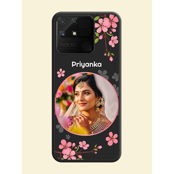 Round Image with Pink Color Floral Design on Photo on Space Black Soft Matte Back Cover - Realme Narzo 50A