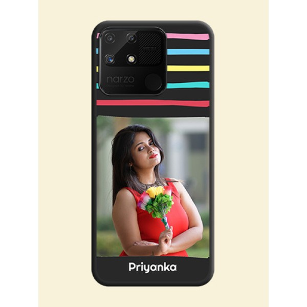 Multicolor Lines with Image on Space Black Personalized Soft Matte Phone Covers - Realme Narzo 50A Multicolor Lines with Image on Space Black Personalized Soft Matte Phone Covers - Realme Narzo 50A