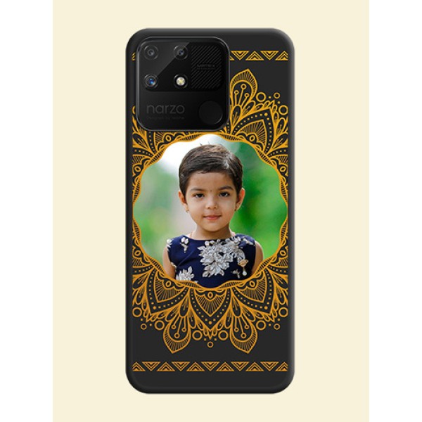 Round Image with Floral Design on Photo on Space Black Soft Matte Mobile Cover - Realme Narzo 50A Round Image with Floral Design on Photo on Space Black Soft Matte Mobile Cover - Realme Narzo 50A