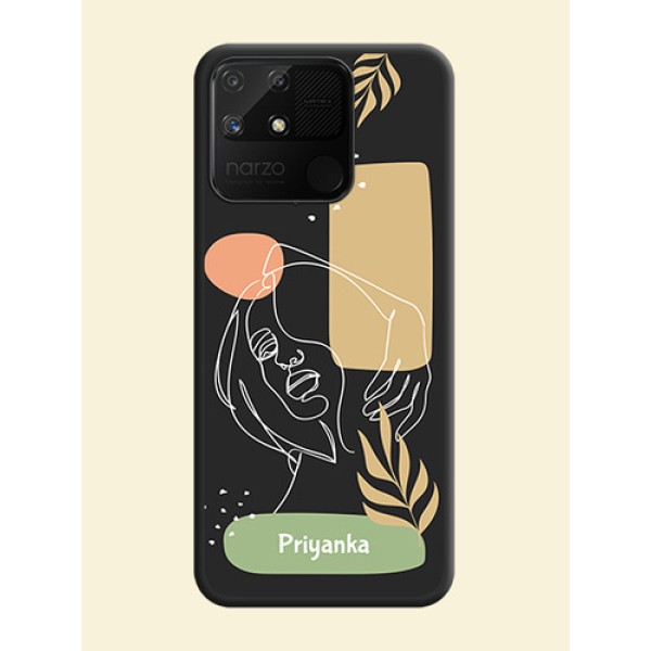 Custom Text With Line Art Of Women & Leaves Design On Space Black Personalized Soft Matte Phone Covers -Realme Narzo 50A Custom Text With Line Art Of Women & Leaves Design On Space Black Personalized Soft Matte Phone Covers -Realme Narzo 50A