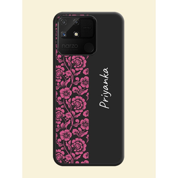 Pink Floral Pattern Design With Custom Text On Space Black Personalized Soft Matte Phone Covers -Realme Narzo 50A Pink Floral Pattern Design With Custom Text On Space Black Personalized Soft Matte Phone Covers -Realme Narzo 50A