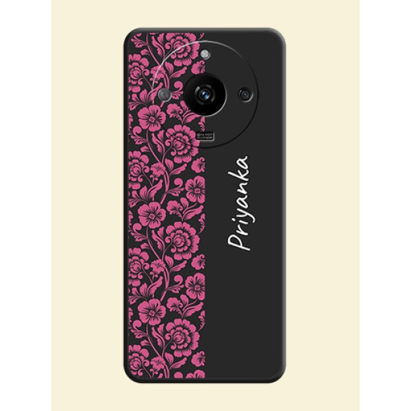Pink Floral Pattern Design With Custom Text On Space Black Personalized Soft Matte Phone Covers - Realme Narzo 60 5G