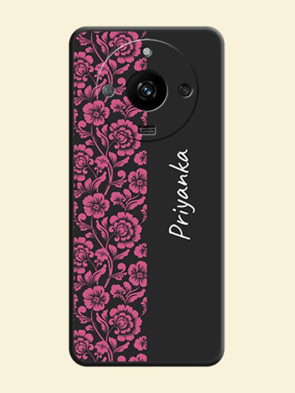 Pink Floral Pattern Design With Custom Text On Space Black Personalized Soft Matte Phone Covers - Realme Narzo 60 5G