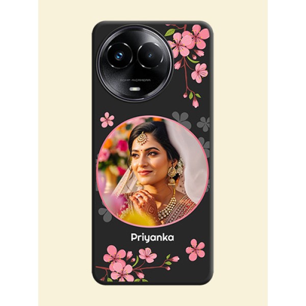 Round Image with Pink Color Floral Design on Photo On Space Black Custom Soft Matte Mobile Back Cover - Narzo 60X 5G