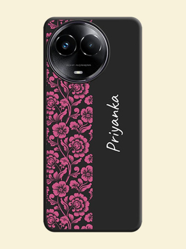 Pink Floral Pattern Design With Custom Text On Space Black Custom Soft Matte Mobile Back Cover - Narzo 60X 5G