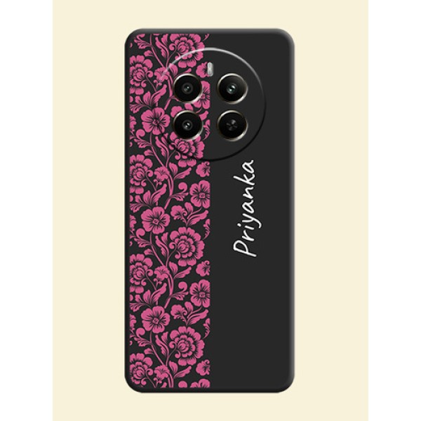Pink Floral Pattern Design With Custom Text On Space Black Personalized Soft Matte Phone Covers - Realme Narzo 70 5G