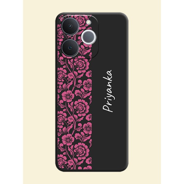 Pink Floral Pattern Design With Custom Text On Space Black Custom Soft Matte Mobile Back Cover - Realme Narzo 80 Lite 4G Pink Floral Pattern Design With Custom Text On Space Black Custom Soft Matte Mobile Back Cover - Realme Narzo 80 Lite 4G