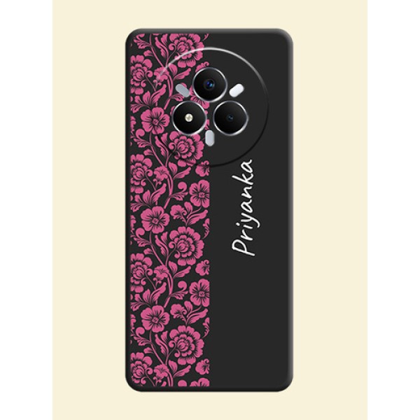 Pink Floral Pattern Design With Custom Text On Space Black Custom Soft Matte Mobile Back Cover - Realme Narzo 80 Pro 5G Pink Floral Pattern Design With Custom Text On Space Black Custom Soft Matte Mobile Back Cover - Realme Narzo 80 Pro 5G