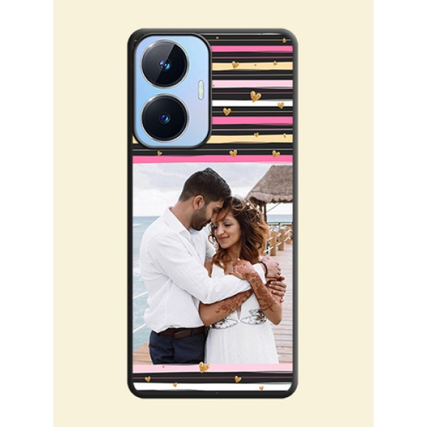 Multicolor Lines and Golden Love Symbols Design on Photo on Space Black Soft Matte Mobile Cover - Realme Narzo N55 Multicolor Lines and Golden Love Symbols Design on Photo on Space Black Soft Matte Mobile Cover - Realme Narzo N55