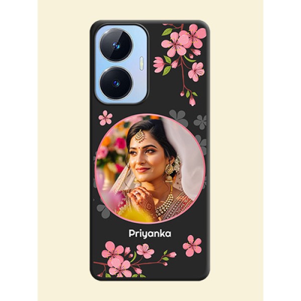Round Image with Pink Color Floral Design on Photo on Space Black Soft Matte Back Cover - Realme Narzo N55