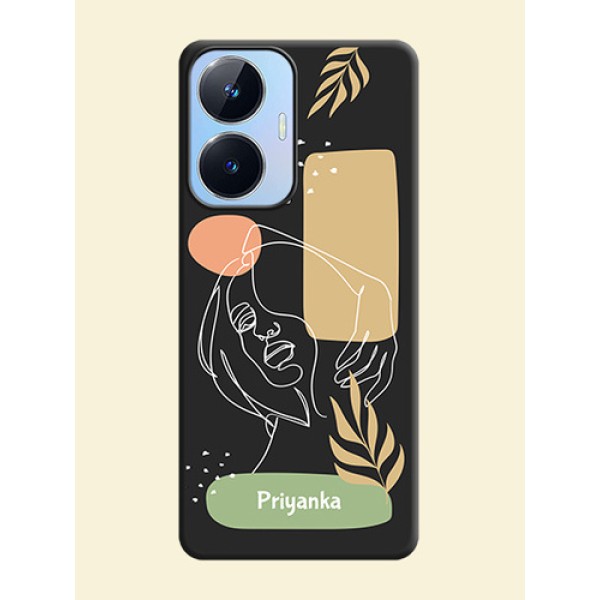 Custom Text With Line Art Of Women & Leaves Design On Space Black Personalized Soft Matte Phone Covers -Realme Narzo N55
