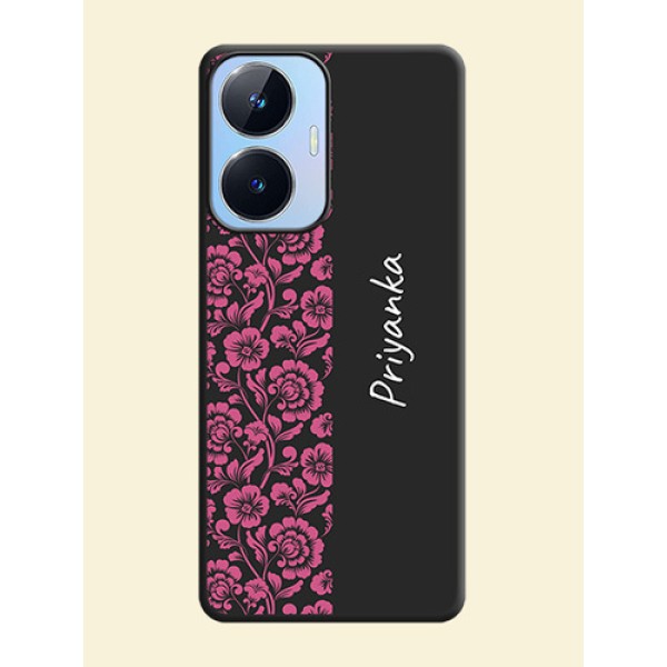Pink Floral Pattern Design With Custom Text On Space Black Personalized Soft Matte Phone Covers -Realme Narzo N55 Pink Floral Pattern Design With Custom Text On Space Black Personalized Soft Matte Phone Covers -Realme Narzo N55