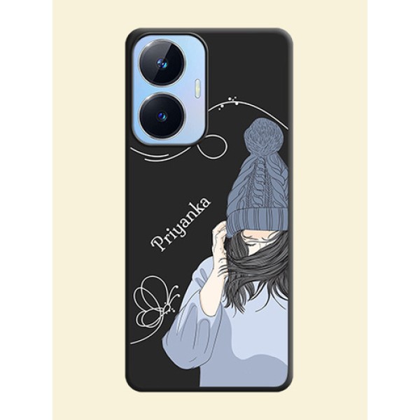Girl With Blue Winter Outfiit Custom Text Design On Space Black Personalized Soft Matte Phone Covers -Realme Narzo N55