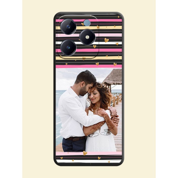 Multicolor Lines and Golden Love Symbols Design on Photo On Space Black Custom Soft Matte Mobile Back Cover - Realme Narzo N63 Multicolor Lines and Golden Love Symbols Design on Photo On Space Black Custom Soft Matte Mobile Back Cover - Realme Narzo N63