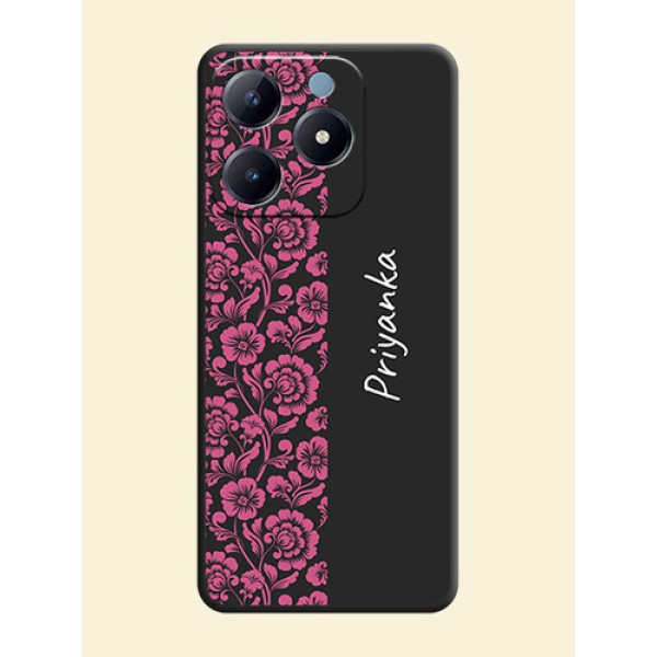 Pink Floral Pattern Design With Custom Text On Space Black Custom Soft Matte Mobile Back Cover - Realme Narzo N63 Pink Floral Pattern Design With Custom Text On Space Black Custom Soft Matte Mobile Back Cover - Realme Narzo N63