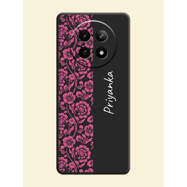Pink Floral Pattern Design With Custom Text On Space Black Personalized Soft Matte Phone Covers - Realme Narzo N65 5G