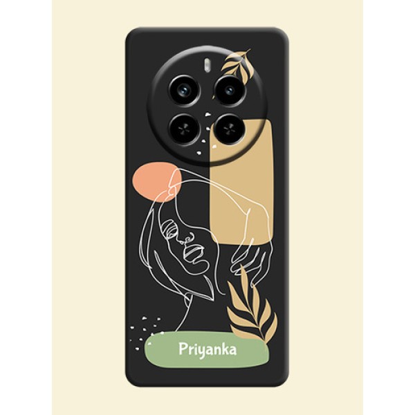 Custom Text With Line Art Of Women & Leaves Design On Space Black Custom Soft Matte Mobile Back Cover - Realme P1 Pro 5G