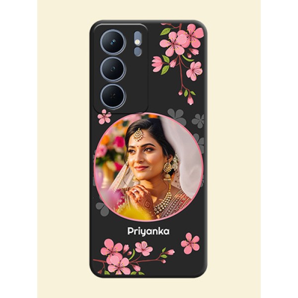 Round Image with Pink Color Floral Design on Photo On Space Black Custom Soft Matte Mobile Back Cover - Realme P3x 5G Round Image with Pink Color Floral Design on Photo On Space Black Custom Soft Matte Mobile Back Cover - Realme P3x 5G
