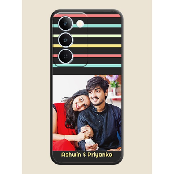 Color Stripes with Photo and Text on Photo On Space Black Custom Soft Matte Mobile Back Cover - Realme P4 Lite 5G Color Stripes with Photo and Text on Photo On Space Black Custom Soft Matte Mobile Back Cover - Realme P4 Lite 5G