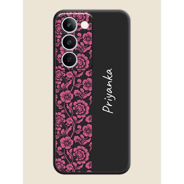 Pink Floral Pattern Design With Custom Text On Space Black Custom Soft Matte Mobile Back Cover - Realme P4 Lite 5G Pink Floral Pattern Design With Custom Text On Space Black Custom Soft Matte Mobile Back Cover - Realme P4 Lite 5G