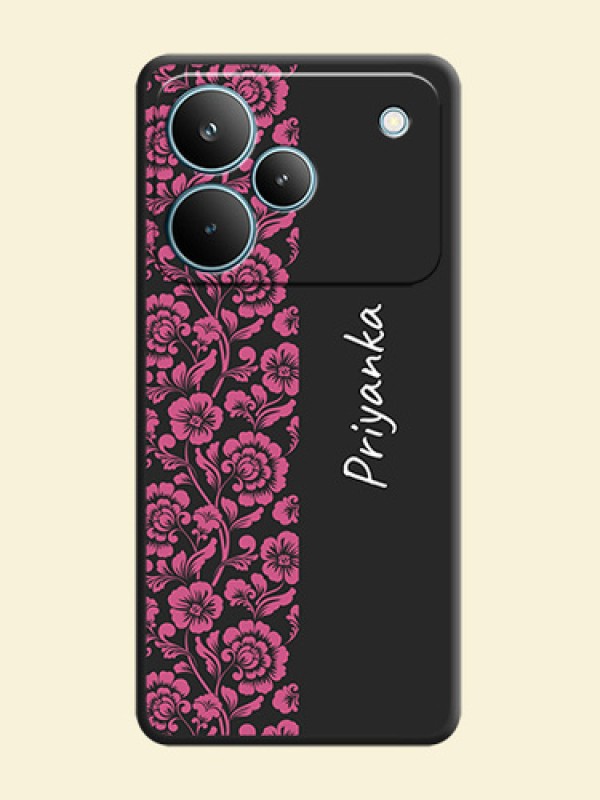 Pink Floral Pattern Design With Custom Text On Space Black Custom Soft Matte Mobile Back Cover - Realme P4 Pro 5G