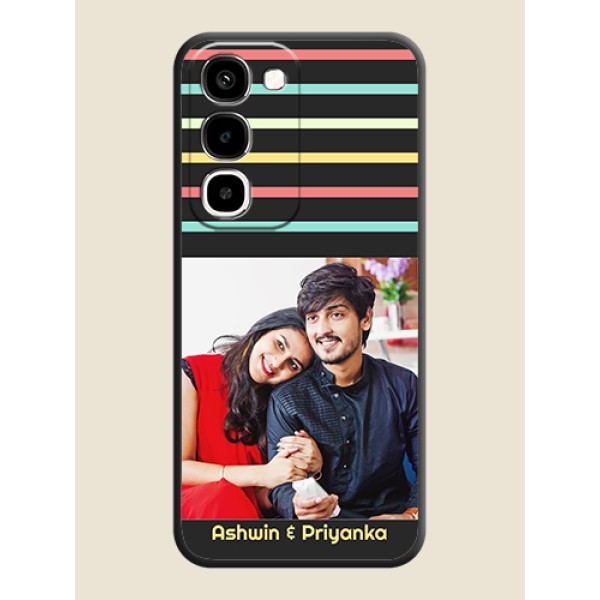 Color Stripes with Photo and Text on Photo On Space Black Custom Soft Matte Mobile Back Cover - Realme P4R 5G Color Stripes with Photo and Text on Photo On Space Black Custom Soft Matte Mobile Back Cover - Realme P4R 5G