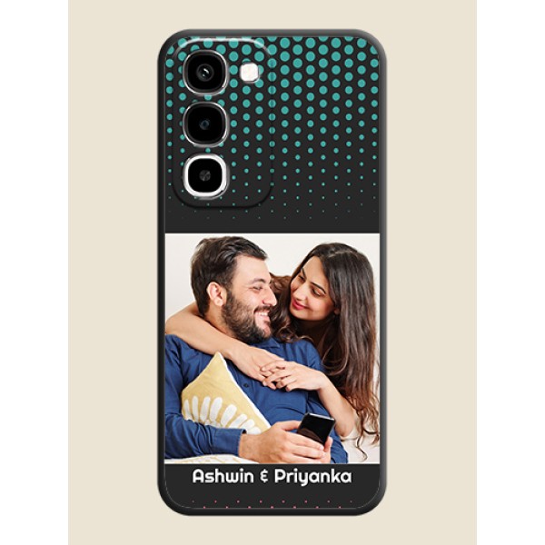 Faded Dots with Grunge Photo Frame and Text On Space Black Custom Soft Matte Mobile Back Cover - Realme P4R 5G Faded Dots with Grunge Photo Frame and Text On Space Black Custom Soft Matte Mobile Back Cover - Realme P4R 5G