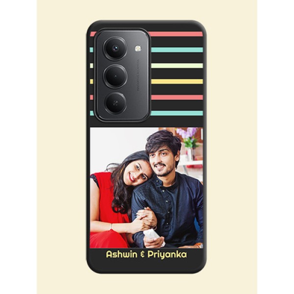 Color Stripes with Photo and Text on Photo On Space Black Custom Soft Matte Mobile Back Cover - Redmi 15 5G Color Stripes with Photo and Text on Photo On Space Black Custom Soft Matte Mobile Back Cover - Redmi 15 5G