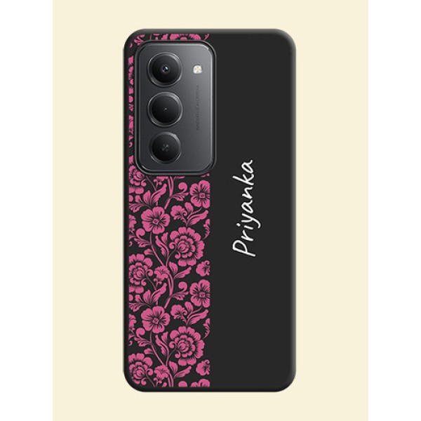 Pink Floral Pattern Design With Custom Text On Space Black Custom Soft Matte Mobile Back Cover - Redmi 15 5G Pink Floral Pattern Design With Custom Text On Space Black Custom Soft Matte Mobile Back Cover - Redmi 15 5G