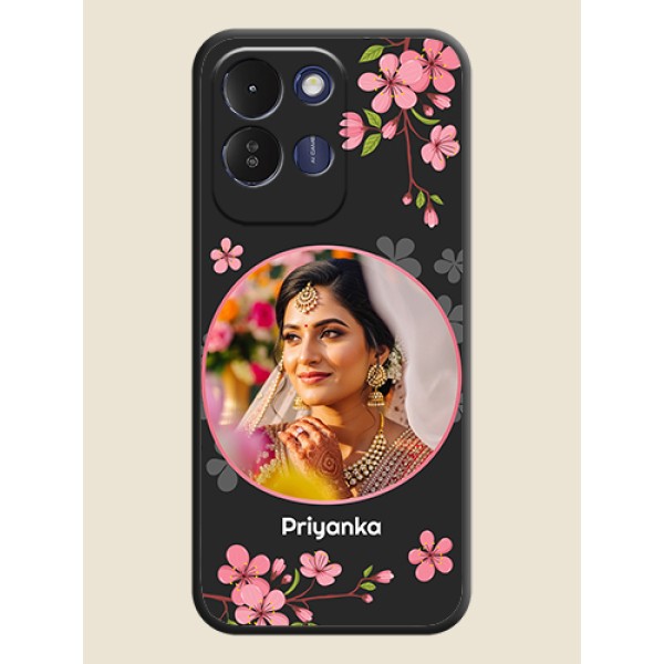 Round Image with Pink Color Floral Design on Photo On Space Black Custom Soft Matte Mobile Back Cover - Redmi 17 5G Round Image with Pink Color Floral Design on Photo On Space Black Custom Soft Matte Mobile Back Cover - Redmi 17 5G