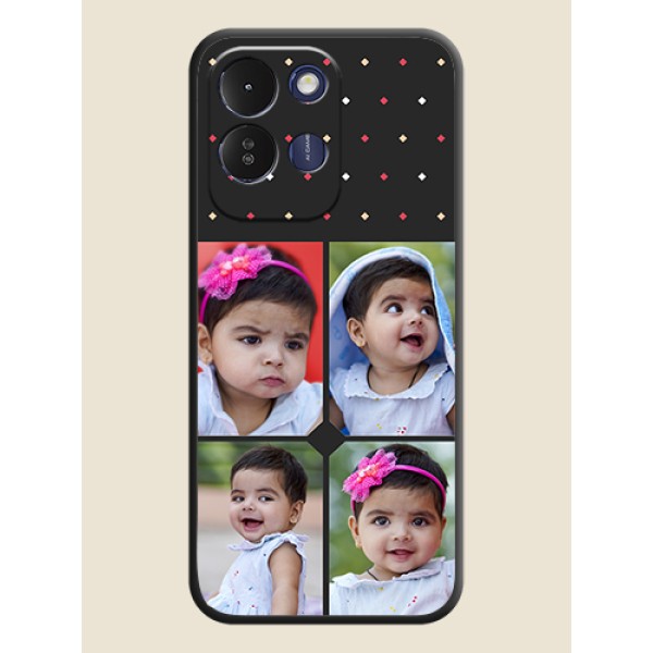 Multicolor Dotted Pattern with 4 Image Holder On Space Black Custom Soft Matte Mobile Back Cover - Redmi 17 5G Multicolor Dotted Pattern with 4 Image Holder On Space Black Custom Soft Matte Mobile Back Cover - Redmi 17 5G