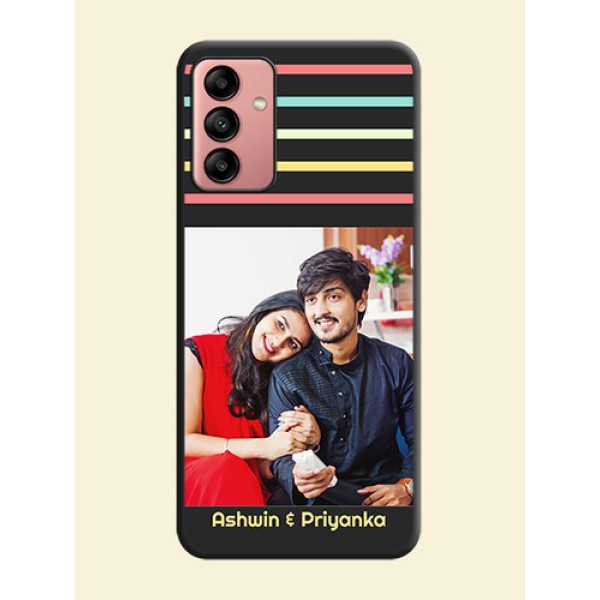 Color Stripes with Photo and Text on Photo on Space Black Soft Matte Mobile Case - Galaxy A04s Color Stripes with Photo and Text on Photo on Space Black Soft Matte Mobile Case - Galaxy A04s